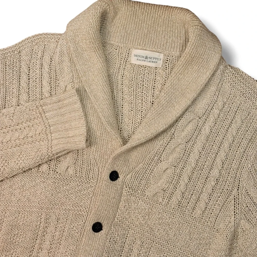 Denim & Supply Ralph Lauren Cardigan Mens XXL Tan Shawl Cable Knit Cotton Linen